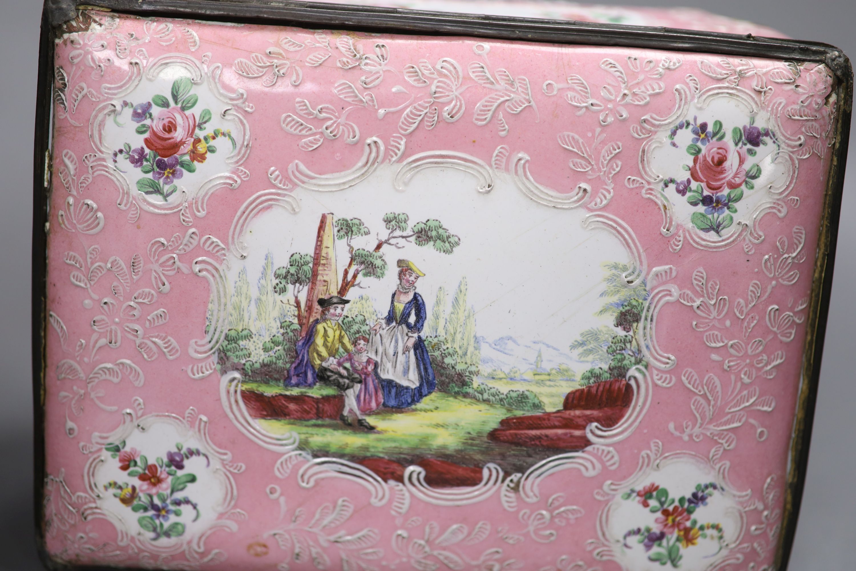 A French pink ground enamel box, length 19cm (a.f.)